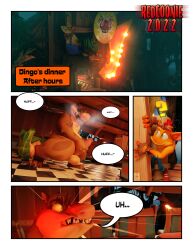 3d 3d_(artwork) absurd_res activision alligator alligatorid anthro balls bandicoot blender_(software) blush canid canine canis clothed clothing comic crash_(series) crash_bandicoot crocodile crocodilian crocodylid dialogue digital_media_(artwork) dingo dingodile duo english_text erection fur genitals gloves green_eyes hair handwear hi_res hybrid male male_only mammal marsupial masturbation nude penis redcoonie reptile scalie smile solo speech_bubble standing text tongue topless video_games