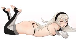 1girls bare_thighs baychoka big_ass bikini breasts corrin_(fire_emblem) corrin_(fire_emblem)_(female) female female_only fire_emblem fire_emblem_fates grey_hair hairband long_hair micro_bikini nintendo on_stomach open_mouth pointy_ears red_eyes small_breasts solo the_pose thighhighs thighs very_long_hair yawn