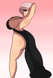 black_dress blue_eyes dress freckles huge_breasts large_breasts maymayumi2 mayumi_oka milf original original_character pink_hair provocative simple_background smile smiling tagme