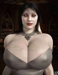 1girls 3d alcina_dimitrescu areola_slip areolae bare_shoulders big_breasts black_hair bookshelf breasts busty capcom cleavage clothed clothing collarbone deep_cleavage eyebrows eyelashes facing_viewer female female_only glowing_eyes grey_clothing huge_breasts indoors jewelry large_breasts lips lipstick looking_at_viewer makeup mature mature_female milf necklace nipple_bulge no_bra pale-skinned_female pale_skin red_lips red_lipstick resident_evil resident_evil_8:_village rude_frog solo solo_female veins veiny_breasts white_body