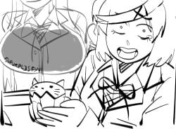 2girls artist_name big_breasts black_and_white breasts cat_cupcake cupcake doki_doki_literature_club kitty_cupcake meme monochrome natsuki_(doki_doki_literature_club) purpl3sfw scared scared_expression twitter_username yuri yuri_(doki_doki_literature_club)