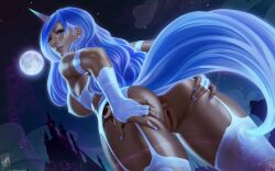 1_horn animal_humanoid animal_tail anus ass ass_grab big_ass big_breasts big_butt blue_eyeshadow blue_hair blue_horn blue_nails breasts butt_grab clothing colored_nails cutie_mark dark_body dark_skin dark_skinned_female ear_piercing equid equid_humanoid equine equine_humanoid eyeshadow female fingerless_gloves friendship_is_magic garter_belt garter_straps genitals gloves hair hand_on_ass hand_on_butt handwear hasbro hi_res horn horse_humanoid humanoid long_hair looking_at_viewer looking_back looking_back_at_viewer makeup mammal mammal_humanoid moon my_little_pony nails night nipples piercing princess_luna_(mlp) pussy rear_view solo spread_ass spread_butt spreading standing themaestronoob thick_thighs wide_hips
