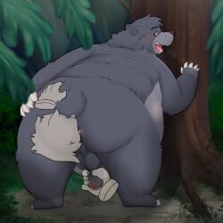 2022 96panda anal anthro anus ass balls baloo belly big_belly blush butt_grab detailed_background erection genitals hand_on_butt hi_res humanoid_genitalia humanoid_penis kemono male mammal oral outside overweight overweight_male penis plant rimming sex solo_focus the_jungle_book tree ursid