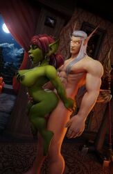 3d 3d_(artwork) ambiguous_penetration blood_elf breasts freysward glowing_eyes goblin goblin_(warcraft) goblin_female grabbing_own_breast interspecies nipples nude red_hair sex shortstack size_difference upright_straddle warcraft world_of_warcraft