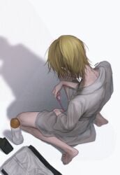 1boy artist_name barefoot blonde_hair bottle commentary_request folded_clothes highres kamiki_hikaru korean_commentary long_sleeves male_focus oshi_no_ko sex_toy sex_toy_pull shadow shirt short_hair simple_background sitting skinny solo wariza white_background white_shirt yubto_45