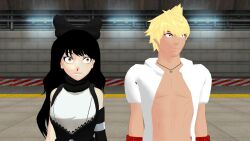 1boy 1girls black_hair black_hair_female blake_belladonna blonde_hair bow clothed_female clothed_male nosebleed rwby shocked_expression sun_wukong_(rwby) theblackbirdcalls