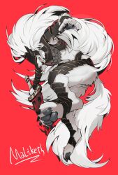 animal_genitalia anthro armor balls canid canine canis claws covered_eyes elden_ring fromsoftware fur genitals hair hi_res kiyosan long_hair male male_only maliketh_the_black_blade mammal melee_weapon sheath solo sword video_games weapon white_body white_fur white_hair wolf