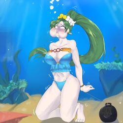 1girls alternate_costume barefoot blue_bikini blue_swimsuit bound_arms breasts bubbles drowning female female_only fire_emblem fire_emblem:_the_blazing_blade fire_emblem_heroes green_eyes green_hair lyn_(fire_emblem) lyn_(summer)_(fire_emblem) nintendo official_alternate_costume puffed_cheeks solo thighs underwater
