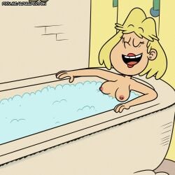 1girls accurate_art_style adullperson bathing bathroom bathtub blonde_hair closed_eyes light-skinned_female light_skin medium_breasts medium_hair milf mother nickelodeon partially_submerged pleasure_face rita_loud straight_hair the_loud_house