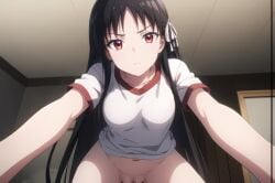 ai_generated belly_button black_hair bottomless brown_eyes censored_pussy classroom_of_the_elite female_focus female_only hair_ribbon horikita_suzune kagura long_hair looking_at_viewer pov_eye_contact schoolgirl solo_female solo_focus stomach t-shirt_only