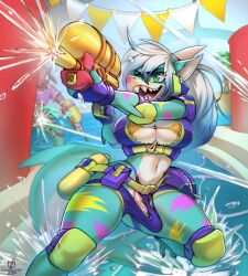 anthro big_breasts bikini blue_hair breasts cleavage clothed clothing erection fish frosty_(sharky) genitals gradient_hair green_eyes gynomorph hair hi_res intersex marine multicolored_hair navel open_mouth penis shark sharp_teeth smile swimwear teeth toy toy_gun water_gun white_hair