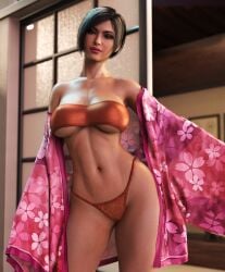 1girls 3d abs ada_wong ada_wong_(adriana) asian asian_female ass bandeau bandeau_bikini big_ass big_breasts black_eyes black_hair blurry_background breasts capcom cleavage cowboy_shot entitledgoose eyeshadow female female_only fit fit_female happy_female hawaiian_shirt head_tilt high-waisted_thong high_waisted_thong hip_tilt indoors legs_apart lipstick midriff mole_on_shoulder mostly_clothed mostly_nude_female navel oversized_shirt pattern_clothing pink_lipstick posing resident_evil resident_evil_2 resident_evil_2_remake resident_evil_4 resident_evil_4_remake short_hair smile smiling_at_viewer solo thick_thighs underboob wide_hips