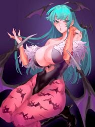 1girls artist_request bat_print big_breasts capcom darkstalkers female female_only gauntlets green_eyes green_hair head_wings heel_boots hi_res leotard long_hair looking_at_viewer morrigan_aensland pantyhose pink_pantyhose solo succubus succubus_wings thick_thighs wings