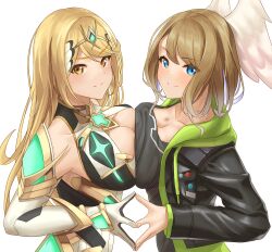 2girls absurdres bangs bare_shoulders blonde_hair bodysuit breast_press breast_tattoo breasts chest_jewel cleavage cleavage_cutout clothing_cutout dress earrings elbow_gloves eunie_(xenoblade) gloves green_hoodie highres hood hoodie jacket jewelry large_breasts latex latex_bodysuit leather leather_jacket long_hair multiple_girls mythra short_dress swept_bangs symmetrical_docking tattoo tiara very_long_hair white_dress white_gloves whitepakaillust xenoblade_(series) xenoblade_chronicles_2 xenoblade_chronicles_3 yellow_eyes