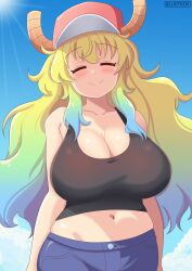 1girls baseball_cap big_breasts black_tank_top blonde_hair blue_shorts bluefrok blush bottomwear breasts cleavage closed_eyes clothing female female_only hair hat headwear horns huge_breasts large_breasts long_hair mature mature_female mature_woman miss_kobayashi's_dragon_maid quetzalcoatl_(dragon_maid) shorts smile solo solo_female tank_top topwear