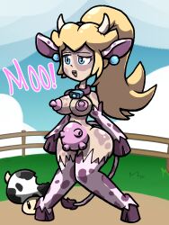 alternate_species anthro blonde_hair breasts chabble cow_bell_collar cow_ears cow_girl cow_horns cow_print cowbell hooves implied_transformation mario_(series) mooing mushroom nintendo nipples post_transformation power_up princess_peach solo super_mario_bros. udders yellow_hair