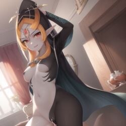 ai_generated big_breasts black_sports_bra breasts clothing female female_only happy long_hair midna ruptuorie shorts solo the_legend_of_zelda twili_midna