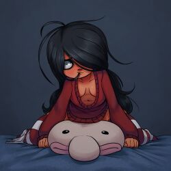 black_hair blobfish blush cleavage hair_in_mouth horny looking_at_viewer masturbating masturbation maya_schoppenboer ongezellig panties_down pillow_humping plushie rubbing_pussy solo stockings