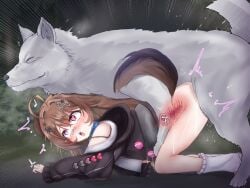 1animal 1girls ahoge anal bent_over black_clothing black_hoodie blue_collar blue_eyes blue_neckwear bottomless brown_eyes brown_hair canine clothing collar cum cum_in_pussy cum_inside cumming_in_pussy cumming_inside d-pad d-pad_hair_ornament dog_ears dog_girl dog_tail e-sekai feral feral_on_female feral_on_humanoid feral_penetrating feral_penetrating_female feral_penetrating_humanoid footwear forest forest_background gopogopo hair_ornamental heart heart-shaped_pupils hoodie idol-en idol_corp light-skinned_female light_skin long_hair multicolored_eyes neckwear on_all_fours open_mouth outside pink_penis pochi_wanmaru pochi_wanmaru_(2nd_design) shoes small_pupils socks tongue tongue_out tree trees vaginal_penetration virtual_youtuber vtuber white_clothing white_fur wolf wolf_on_humanoid x-ray zoophilia