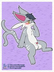 2024 3:4 blush eeveelution espeon eyewear furry generation_2_pokemon genitals glasses hi_res looking_away male nintendo penis pokemon pokemon_(species) presenting presenting_penis skinny syngie_(artist) text url young