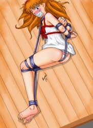 ass asuka_langley_sohryu barefoot blue_eyes bondage evalemonmaster feet gag long_hair looking_at_viewer lying lying_down lying_on_side neon_genesis_evangelion one_eye_closed panties red_hair skirt_up teenager tied_up