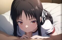 ai_generated black_hair brown_eyes classroom_of_the_elite deepthroat hair_ribbon hand_on_penis horikita_suzune kagura long_hair looking_at_partner oral_sex pov_eye_contact schoolgirl sucking_penis white_t-shirt