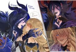 2girls blonde_hair blue_eyes blush claws clorinde_(genshin_impact) clothed dark_hair dragon fingers_in_mouth genshin_impact hand_in_mouth horns long_tongue mouth_play multiple_girls navia_(genshin_impact) sharp_teeth watermark yuri