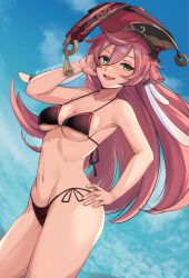 1girls bikini bikini_bottom bikini_top black_bikini bottomwear breasts cawfield female female_only genshin_impact green_eyes hair hand_on_hip hat hips long_hair medium_breasts open_mouth pink_hair solo solo_female thick_thighs thighs topwear yanfei_(genshin_impact)