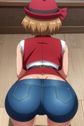 ai_generated bent_over big_ass blush busty creatures_(company) curvy denim_shorts female female_only from_above from_behind game_freak hat hi_res highres kneeling looking_away nintendo pokemon pokemon_(game) pokemon_trainer seraphim_ai serena_(pokemon) shorts smile solo stable_diffusion thick_thighs