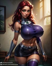 1girls ai_generated alien alien_girl big_breasts big_eyes dc dc_comics female female_focus female_only green_eyes koriand'r looking_at_viewer massive_breasts nipple_bulge red_hair short_skirt stable_diffusion starfire superheroine teen_titans thick_thighs tight_clothing top_heavy winterzone