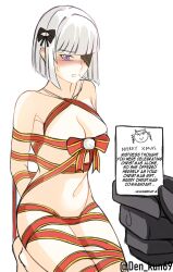 angry blush completely_nude eyepatch gift_wrapped medium_breasts nude punishing:_gray_raven purple_eyes ribbon short_hair text vanessa_(punishing:gray_raven) white_hair wrapped