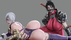 2girls 3d ass big_ass big_breasts black_hair blue_eyes brown_eyes dhffasd female female_only isabella_valentine long_hair ninja short_hair soul_calibur tagme taki thong white_hair