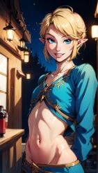 adonis_belt ai_generated arms_behind_back blue_eyes collarbone elf_ears femboy jewelry link looking_at_viewer male male_focus marusame midriff night otoko_no_ko outside short_hair stable_diffusion standing the_legend_of_zelda