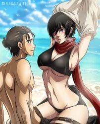 1boy 1boy1girl 1girls attack_on_titan beach before_sex big_breasts bikini black_bikini black_eyes black_hair blush blushed breasts couple eremika eren_jaeger female hair_bun legs male male/female mikasa_ackerman rakara11 red_scarf scarf sea seductive seductive_eyes seductive_look shingeki_no_kyojin shy sweat sweating white_shirt