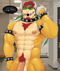 1boy anthro bowser hi_res male male_only mario_(series) mr_sharky muscular muscular_anthro muscular_male nintendo pubes shower_room solo solo_male