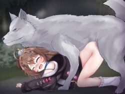 1animal 1girls ahoge anal bent_over black_clothing black_hoodie blue_collar blue_neckwear blush bottomless brown_hair canine closed_eyes clothing collar d-pad d-pad_hair_ornament dog_ears dog_girl dog_tail e-sekai feral feral_on_female feral_on_humanoid feral_penetrating feral_penetrating_female feral_penetrating_humanoid footwear forest forest_background gopogopo hair_ornament heart hoodie idol-en idol_corp light-skinned_female light_skin long_hair neckwear on_all_fours outside pochi_wanmaru pochi_wanmaru_(2nd_design) shoes socks tree trees vaginal_penetration virtual_youtuber vtuber white_clothing white_fur wolf wolf_on_humanoid zoophilia