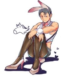 1boy attack_on_titan black_hair_male bunny_costume bunny_ears bunny_tail freckles high_heels male_only marco_bodt pink_high_heels shingeki_no_kyojin shy sitting