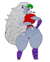 1girls 2d angry animatronic anthro behemaid big_breasts female female_only five_nights_at_freddy's five_nights_at_freddy's:_security_breach green_highlights grey_fur grey_hair hands_on_hips huge_ass looking_at_viewer looking_back purple_eyeshadow robot roxanne_wolf_(fnaf) shiny_ass shiny_skin tagme thick_thighs wolf wolf_girl yellow_eyes