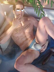 1boy 1human 1male 3d 3d_(artwork) 3d_model brown_hair dildo indoors jockstrap jockstrap_only johnny_cage licking_fingers light-skinned_male light_skin male male_focus male_only mo0nx mortal_kombat mortal_kombat_11 muscles muscular muscular_male netherrealm_studios sex_toy solo solo_focus solo_male sunglasses sunlight tattoo_on_chest viewed_from_above