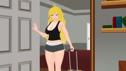 1girls blonde_female blonde_hair cleavage clothing female human long_hair long_hair_female pale_skin purple_eyes rwby suitcase tank_top theblackbirdcalls yang_xiao_long