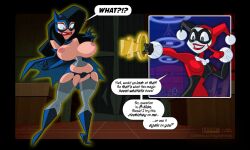 after_transformation batman batman_(series) big_breasts bimbofication black_hair blue_eyes breasts breasts_out bryce_wayne dc dc_comics dialogue garter_belt garter_straps gender_transformation gnomeoo harley_quinn harley_quinn_(classic) high_heels hourglass_figure justice_league_action long_hair magic mtf_transformation narrow_waist rule_63 speech_bubble superhero_costume superheroine thighhighs tiny_waist wide_hips