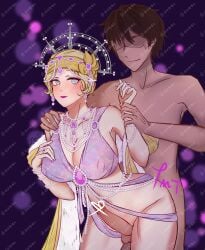 1boy 1girls blonde_hair blue_eyes breasts brown_hair covered_nipples crown dress earrings female gem headwear huge_breasts identity_v jewelry male michiko necklace nude nude_male pearl_necklace penis ring short_hair standing straight testicles tr9cy_rezn13