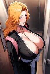 1girls ai_due ai_generated big_breasts bleach blue_eyes breast_focus breasts breasts_bigger_than_head chain_necklace chains cleavage clothing female female_only flashing flashing_breasts full_cleavage huge_breasts huge_cleavage indoors kimono large_breasts light-skinned_female light_skin long_hair matsumoto_rangiku mature_woman mommy nai_diffusion necklace necklace_between_breasts no_bra no_bra_under_clothes orange_hair pinup presenting presenting_breasts robe sagging_breasts scarf smile solo solo_focus stable_diffusion sweat sweatdrop very_long_hair voluptuous voluptuous_female wafuku wavy_hair