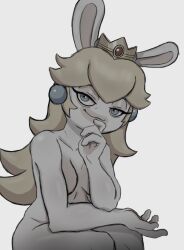 1girls blonde_hair blue_eyes breasts cleavage closed_mouth covering_breasts crown female female_only long_hair looking_at_viewer mario_(series) mario_+_rabbids mario_+_rabbids:_kingdom_battle naked naked_female nintendo nude nude_female rabbid rabbid_peach rabbit_ears rafaknight-rk raving_rabbids smile smug solo thinking ubisoft