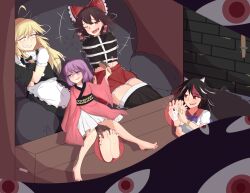 barefoot blonde_hair blush feet hakurei_reimu jagerticklelover laugh marisa_kirisame purple_eyes purple_hair restrained_arms seija_kijin smirk stocks sukuna_shinmyoumaru tagme tickling touhou yokai