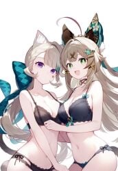 :3d :d adorable ai_generated black_lingerie bra cheerful cleavage cute cute_fang embracing_another expressionless female genshin_impact green_eyes kirara_(genshin_impact) large_breasts lingerie lingerie_only looking_at_viewer looking_up lynette_(genshin_impact) navel panties purple_eyes setsuaiart smile thick_thighs underwear wide_hips