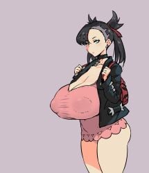 1girls ahemaru ass ass_peek backpack bag big_breasts cleavage clothing dress female huge_breasts human jacket marnie_(pokemon) nipples outerwear pale_skin pokemon solo thick_thighs visible_ass visible_nipples visible_pussy