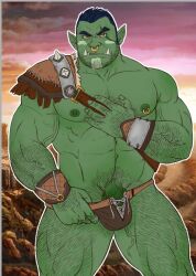 1boy abs armor bara beard_stubble butlerstormaxe colored_skin cowboy_shot cross-laced_underwear facial_hair flaccid gay green_skin hairy large_pectorals loincloth looking_at_viewer male_focus mature_male monster_boy muscular muscular_male navel navel_hair nipple_piercing nipple_rings nipples nose_piercing nose_ring orc original pauldrons pectorals penis penis_peek piercing pointy_ears pubic_stubble sanpaku short_hair shoulder_armor single_pauldron solo sparse_chest_hair sparse_navel_hair stomach strongman_waist stubble thick_arm_hair thick_eyebrows thick_leg_hair thick_thighs thighs topless_male tsurime tusks uncensored veiny_crotch