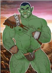 1boy abs armor bara beard_stubble butlerstormaxe colored_skin cowboy_shot cross-laced_underwear facial_hair flaccid gay green_skin hairy large_pectorals loincloth looking_at_viewer male_focus male_only mature_male monster_boy muscular muscular_male navel navel_hair nipple_piercing nipple_rings nipples nose_piercing nose_ring orc original pauldrons pectorals penis penis_peek piercing pointy_ears pubic_stubble sanpaku short_hair shoulder_armor single_pauldron solo sparse_chest_hair sparse_navel_hair stomach strongman_waist stubble thick_arm_hair thick_eyebrows thick_leg_hair thick_thighs thighs topless_male tsurime tusks uncensored veiny_crotch