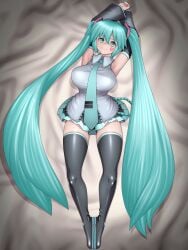 1girls armpits arms_up big_breasts blue_eyes blue_hair hair_ornament hatsune_miku laying_on_bed leggings long_hair skirt thick_thighs tie twintails uncats vocaloid